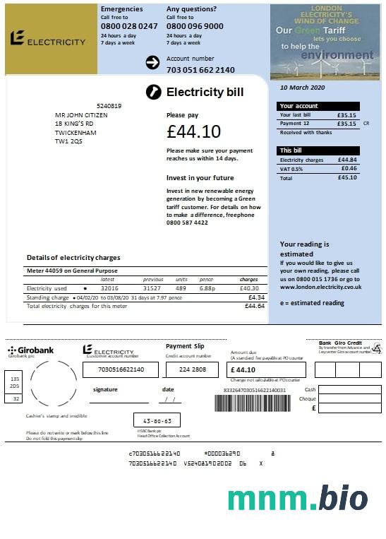 Szablon rachunku za energię elektryczną w Wielkiej Brytanii w formacie Word i PDF